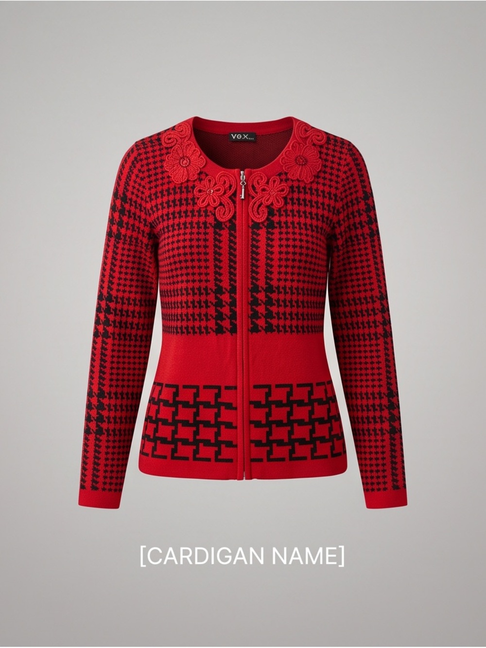 VEX Women’s Red Black Houndstooth Zip Cardigan Sweater Floral Detail
